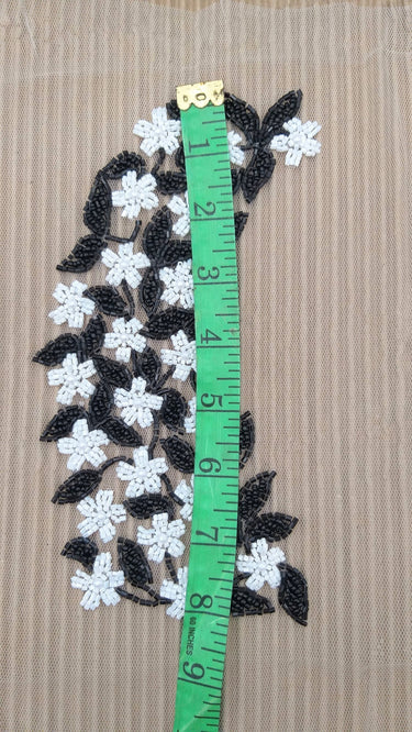 Black And White Hand Embroidered Beaded Floral Applique, Beaded Floral Motif, 1 Pc